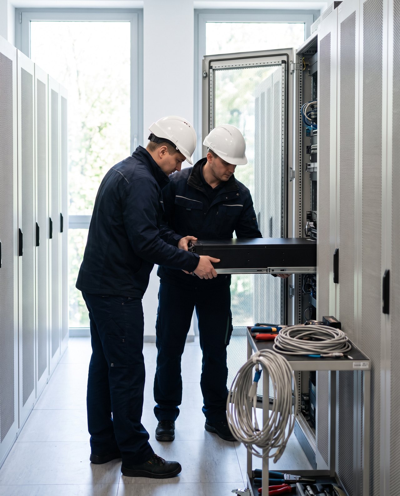 Technicians mounting servers into a rack