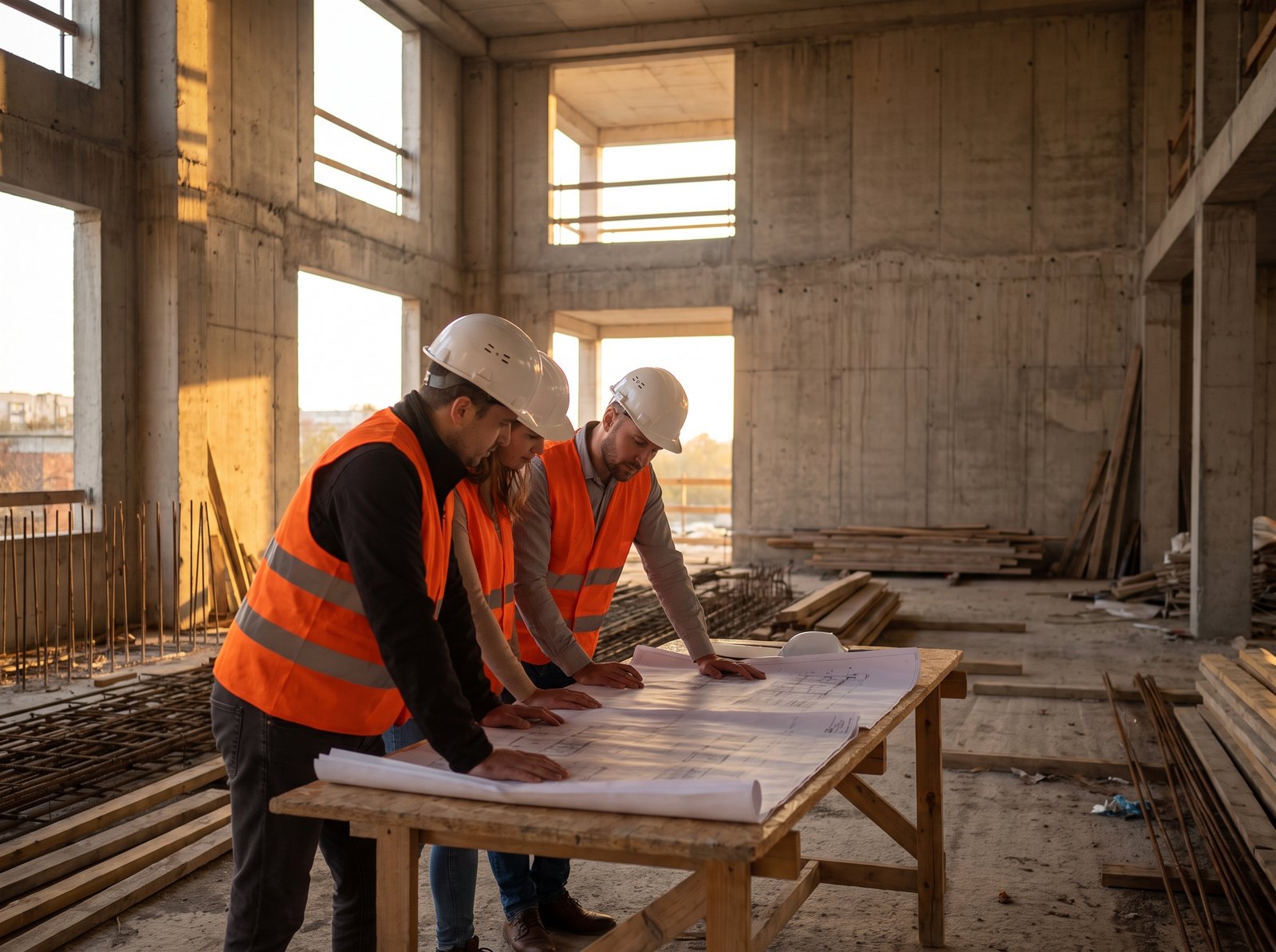 Planning team with drawings in the shell building